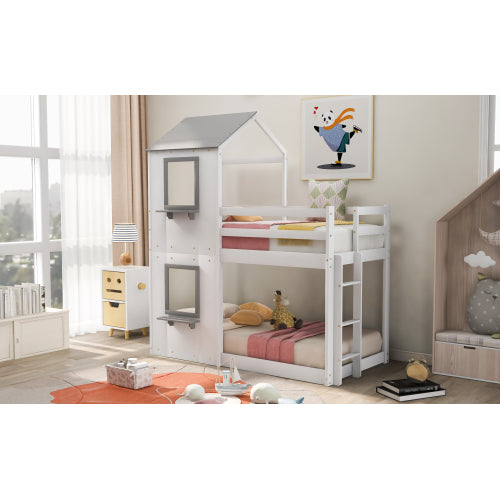GFD Home - Twin Over Twin Bunk Bed Wood Bed with Roof, Window, Guardrail, Ladder for Kids, Teens, Girls, Boys in White - LP000056AAK