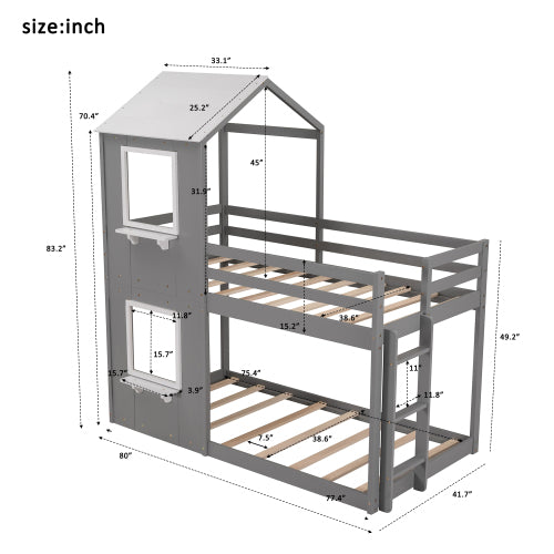 GFD Home - Twin Over Twin Bunk Bed Wood Bed with Roof, Window, Guardrail, Ladder for Kids, Teens, Girls, Boys - LP000056AAE - GreatFurnitureDeal