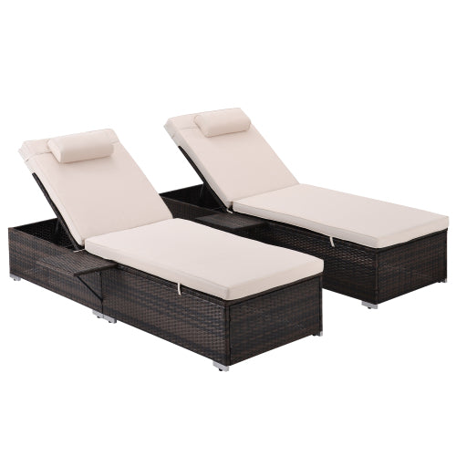 GFD Home - Outdoor PE Wicker Chaise Lounge - 2 Piece Patio Brown Rattan Reclining Chair Furniture Set Beach Pool Adjustable Backrest Recliners - W213S00037 - GreatFurnitureDeal