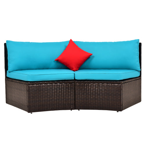 GFD Home -  4-Piece Patio Furniture Sets, Outdoor Half-Moon Sectional Furniture Wicker Sofa Set with Two Pillows and Coffee Table, Blue - SH000068CAA