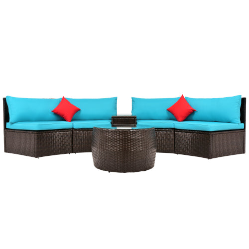 GFD Home -  4-Piece Patio Furniture Sets, Outdoor Half-Moon Sectional Furniture Wicker Sofa Set with Two Pillows and Coffee Table, Blue - SH000068CAA