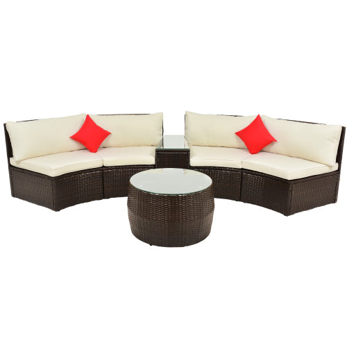 GFD Home - 4-Piece Patio Furniture Sets, Outdoor Half-Moon Sectional Furniture Wicker Sofa Set with Two Pillows and Coffee Table, Beige - SH000068AAA