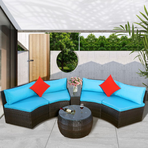 GFD Home -  4-Piece Patio Furniture Sets, Outdoor Half-Moon Sectional Furniture Wicker Sofa Set with Two Pillows and Coffee Table, Blue - SH000068CAA - GreatFurnitureDeal
