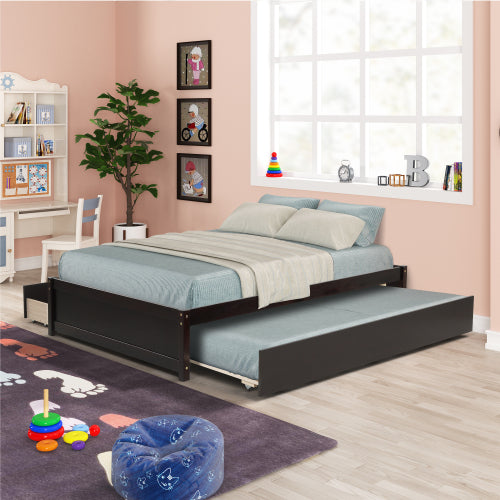 GFD Home - Full Bed With Twin Trundle and Two Drawers in Espresso - W69732768
