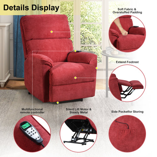 GFD Home - Power Lift Chair with Massage Function Soft Fabric Upholstery Recliner Living Room Sofa Chair with Remote in Red - PP192721AAJ