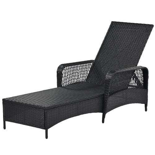 GFD Home - GO Outdoor patio pool PE rattan wicker chair wicker sun lounger, Adjustable backrest, beige cushion, Black wiker (2 sets) - FG198166AAA - GreatFurnitureDeal