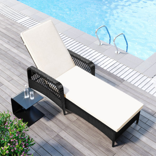 GFD Home - GO Outdoor patio pool PE rattan wicker chair wicker sun lounger, Adjustable backrest, beige cushion, Black wiker (1 set) - WF198166AAA - GreatFurnitureDeal