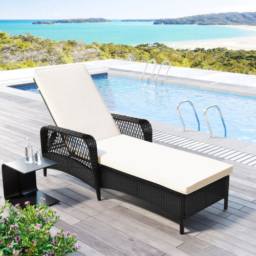 GFD Home - GO Outdoor patio pool PE rattan wicker chair wicker sun lounger, Adjustable backrest, beige cushion, Black wiker (1 set) - WF198166AAA