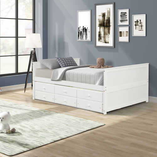 GFD Home - Full Captain Bed With Twin Size Trundle And 3 Drawers Made By Solid Wood in White - W697S00002 - GreatFurnitureDeal