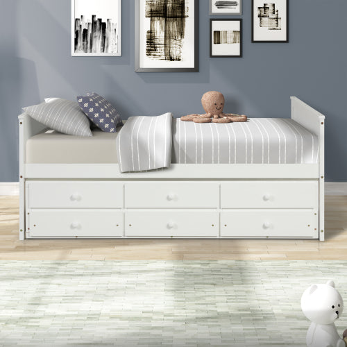 GFD Home - Full Captain Bed With Twin Size Trundle And 3 Drawers Made By Solid Wood in White - W697S00002