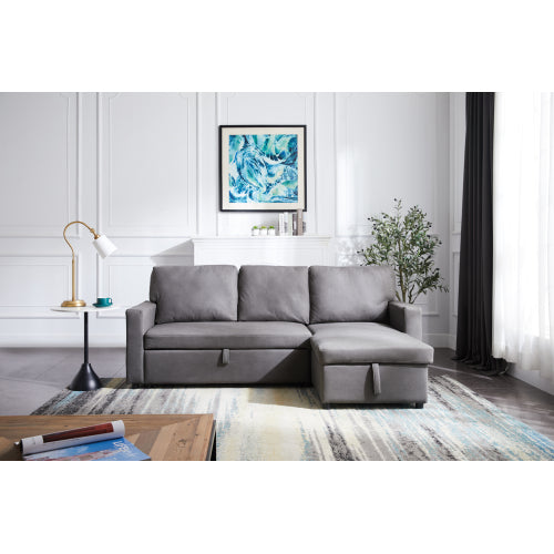GFD Home - Sectional sofa with pulled out bed, 2 seats sofa and reversible chaise with storage, Stone in Gray - W487S00009