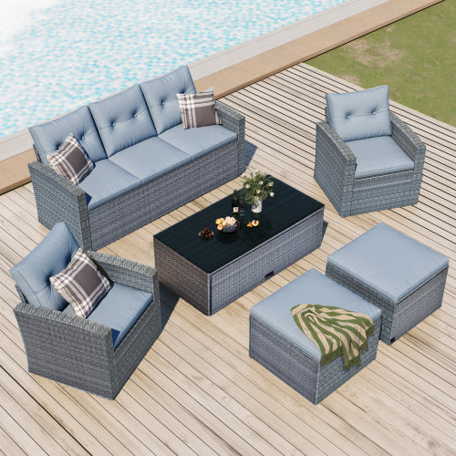 GFD Home - 6-piece All-Weather Wicker PE rattan Patio Outdoor Dining Conversation Sectional Set in Gray - FG201201AAE - GreatFurnitureDeal