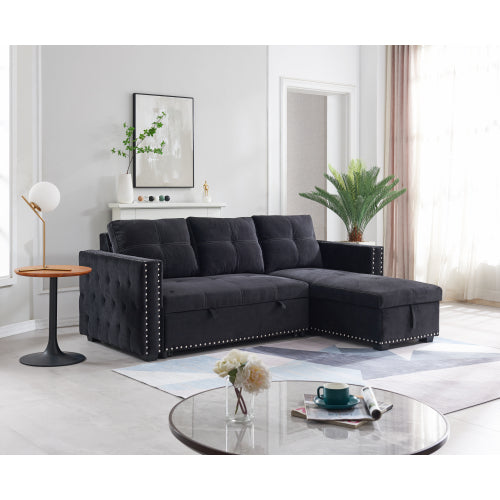 GFD Home - Sectional sofa with pulled out bed, 2 seats sofa and reversible chaise with storage in Black - W487S00008 - GreatFurnitureDeal