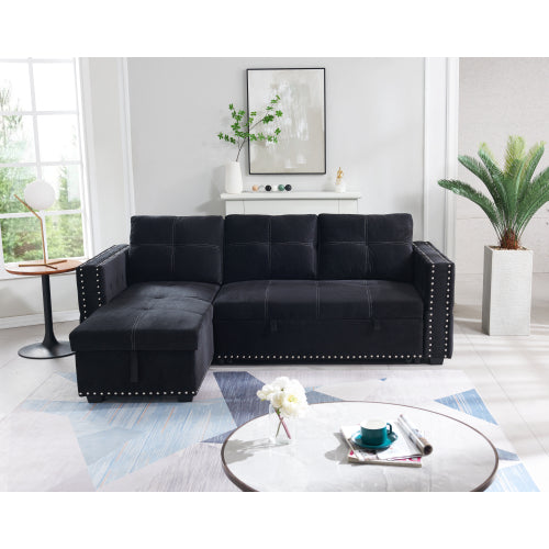 GFD Home - Sectional sofa with pulled out bed, 2 seats sofa and reversible chaise with storage in Black - W487S00008