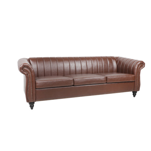 GFD Home - Chairone House 84'' Brown PU Rolled Arm Chesterfield Three Seater Sofa - W68031446 - GreatFurnitureDeal