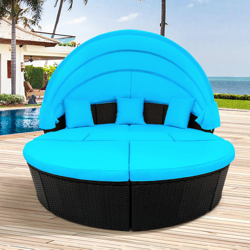 GFD Home - Outdoor rattan daybed sunbed with Retractable Canopy Wicker Furniture, Round Outdoor Sectional Sofa Set - FG201200AAC