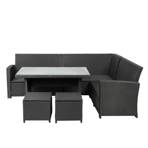 GFD Home - 6-Piece Patio Furniture Set Outdoor Sectional Sofa with Glass Table, Ottomans for Pool, Backyard, Lawn (Black) - SH000069CAA