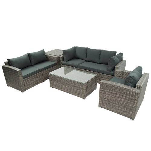 GFD Home - 7-Piece Patio Wicker Sofa, Cushions, Chairs, a Loveseat, a Table and a Storage Box in Gray - WY000216EAA