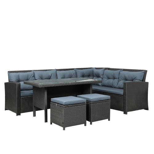 GFD Home - 6-Piece Patio Furniture Set Outdoor Sectional Sofa with Glass Table, Ottomans for Pool, Backyard, Lawn (Black) - SH000069CAA - GreatFurnitureDeal