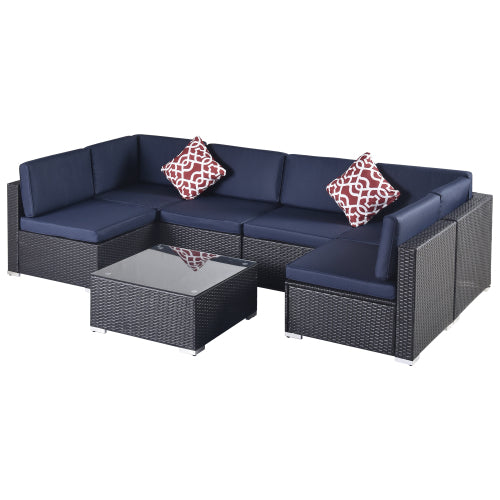 GFD Home - Outdoor Garden Patio Furniture 7-Piece PE Rattan Wicker Sectional Cushioned Sofa Sets in Navy - W213S00044