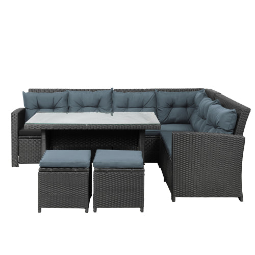 GFD Home - 6-Piece Patio Furniture Set Outdoor Sectional Sofa with Glass Table, Ottomans for Pool, Backyard, Lawn (Black) - SH000069CAA - GreatFurnitureDeal
