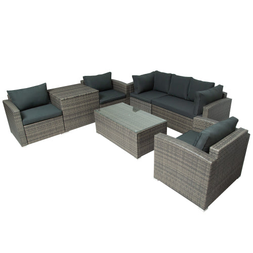 GFD Home - 7-Piece Patio Wicker Sofa, Cushions, Chairs, a Loveseat, a Table and a Storage Box in Gray - WY000216EAA - GreatFurnitureDeal