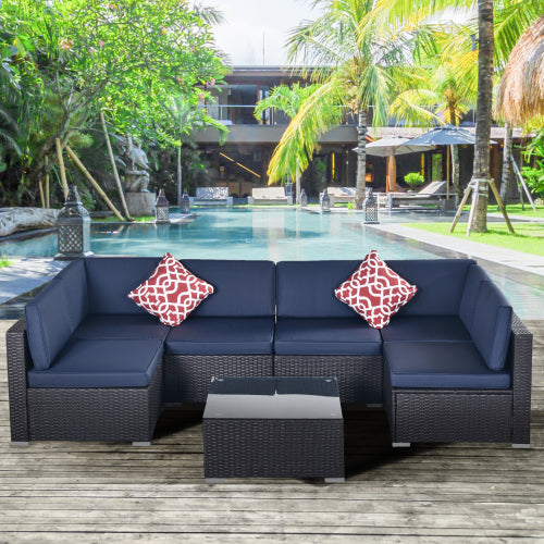 GFD Home - Outdoor Garden Patio Furniture 7-Piece PE Rattan Wicker Sectional Cushioned Sofa Sets in Navy - W213S00044 - GreatFurnitureDeal