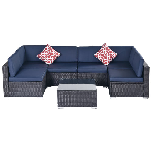 GFD Home - Outdoor Garden Patio Furniture 7-Piece PE Rattan Wicker Sectional Cushioned Sofa Sets in Navy - W213S00044 - GreatFurnitureDeal