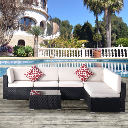 GFD Home - Outdoor Garden Patio Furniture 7-Piece PE Rattan Wicker Sectional Cushioned Sofa Sets in White - W213S00043