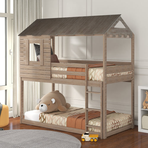 GFD Home - Twin Over Twin Bunk Bed Wood Loft Bed with Roof, Window, Guardrail, Ladder for Kids, Teens, Girls, Boys in Antique Gray - LP000062AAN