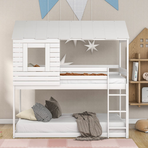 GFD Home - Twin Over Twin Bunk Bed Wood Loft Bed with Roof, Window, Guardrail, Ladder for Kids, Teens, Girls, Boys in White - LP000062AAK