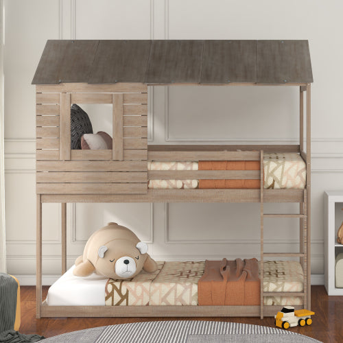 GFD Home - Twin Over Twin Bunk Bed Wood Loft Bed with Roof, Window, Guardrail, Ladder for Kids, Teens, Girls, Boys in Antique Gray - LP000062AAN