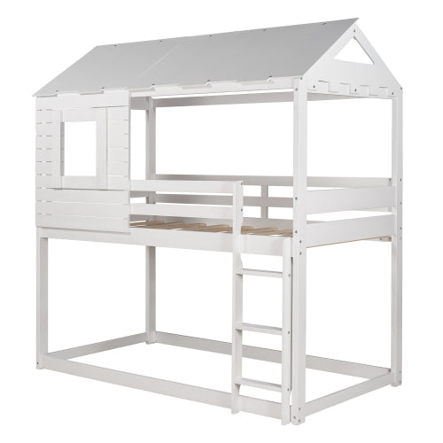 GFD Home - Twin Over Twin Bunk Bed Wood Loft Bed with Roof, Window, Guardrail, Ladder for Kids, Teens, Girls, Boys in White - LP000062AAK