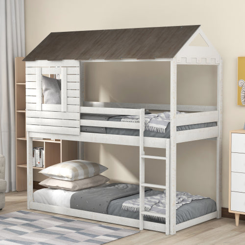 GFD Home - Twin Over Twin Bunk Bed Wood Loft Bed with Roof, Window, Guardrail, Ladder for Kids, Teens, Girls, Boys in Antique White - LP000062AAM