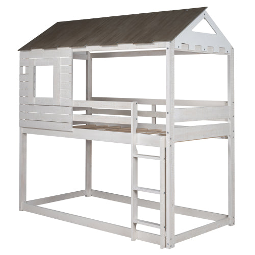 GFD Home - Twin Over Twin Bunk Bed Wood Loft Bed with Roof, Window, Guardrail, Ladder for Kids, Teens, Girls, Boys in Antique White - LP000062AAM - GreatFurnitureDeal