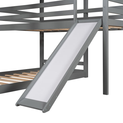 GFD Home - L-shaped Triple Bunk Bed,Twin over Twin Bunk Bed with Attached Twin Loft Bed and Ladder and Slide, Gray - SM000512AAE