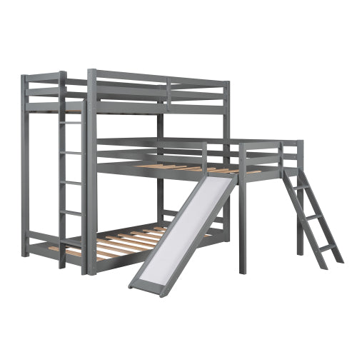 GFD Home - L-shaped Triple Bunk Bed,Twin over Twin Bunk Bed with Attached Twin Loft Bed and Ladder and Slide, Gray - SM000512AAE - GreatFurnitureDeal