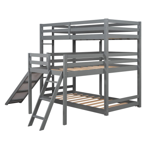 GFD Home - L-shaped Triple Bunk Bed,Twin over Twin Bunk Bed with Attached Twin Loft Bed and Ladder and Slide, Gray - SM000512AAE - GreatFurnitureDeal