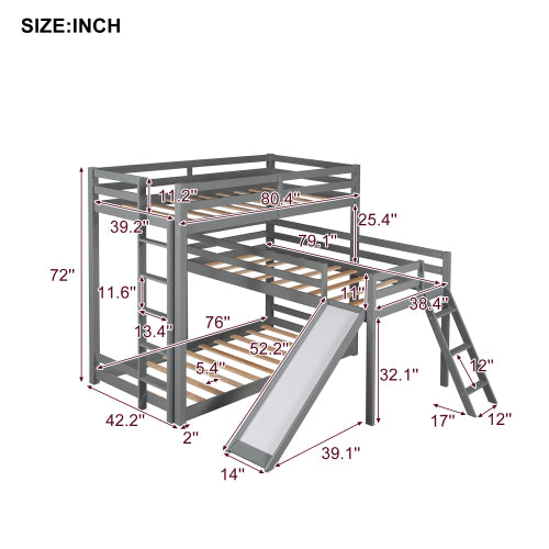 GFD Home - L-shaped Triple Bunk Bed,Twin over Twin Bunk Bed with Attached Twin Loft Bed and Ladder and Slide, Gray - SM000512AAE