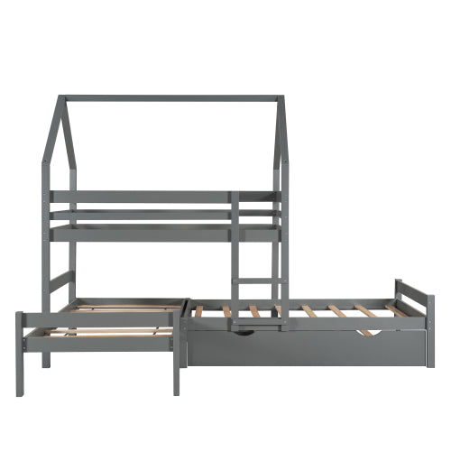 GFD Home - Twin over Twin over Twin Triple Bed Bunk bed with Trundle, Wooden House Bed with Twin size Trundle - Gray - LP000079AAE