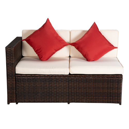 GFD Home - Outdoor Garden Patio Furniture 4-Piece Brown PE Rattan Wicker Sectional Beige Cushioned Sofa Sets with 2 Red Pillows and Coffee Table - W685S00001 - GreatFurnitureDeal