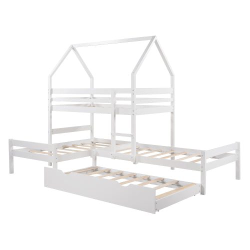 GFD Home - Twin over Twin over Twin Triple Bed Bunk bed with Trundle, Wooden House Bed with Twin size Trundle - White - LP000079AAK