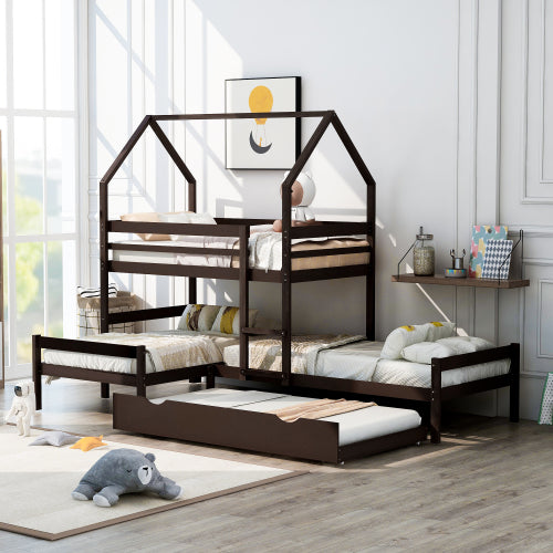 GFD Home - Twin over Twin over Twin Triple Bed Bunk bed with Trundle, Wooden House Bed with Twin size Trundle - Espresso - LP000079AAP - GreatFurnitureDeal