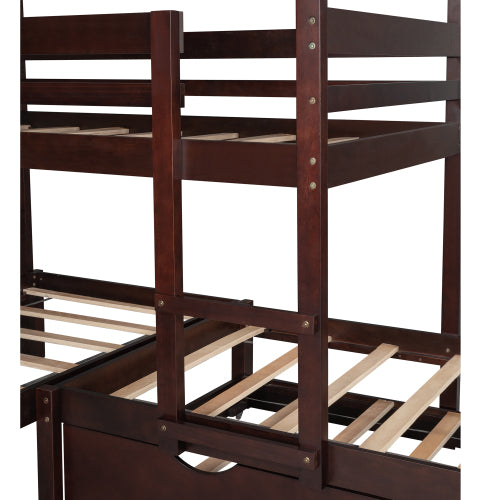 GFD Home - Twin over Twin over Twin Triple Bed Bunk bed with Trundle, Wooden House Bed with Twin size Trundle - Espresso - LP000079AAP - GreatFurnitureDeal