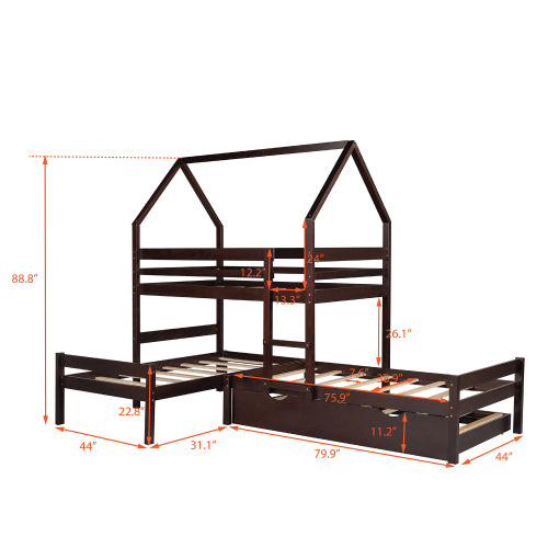 GFD Home - Twin over Twin over Twin Triple Bed Bunk bed with Trundle, Wooden House Bed with Twin size Trundle - Espresso - LP000079AAP - GreatFurnitureDeal
