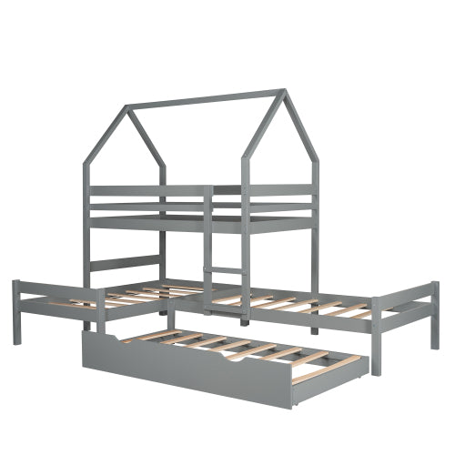 GFD Home - Twin over Twin over Twin Triple Bed Bunk bed with Trundle, Wooden House Bed with Twin size Trundle - Gray - LP000079AAE - GreatFurnitureDeal