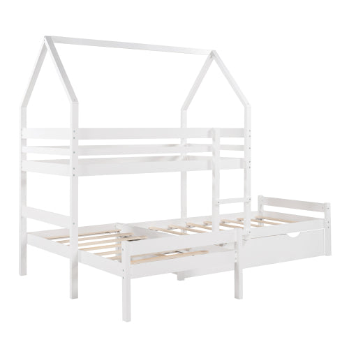 GFD Home - Twin over Twin over Twin Triple Bed Bunk bed with Trundle, Wooden House Bed with Twin size Trundle - White - LP000079AAK - GreatFurnitureDeal