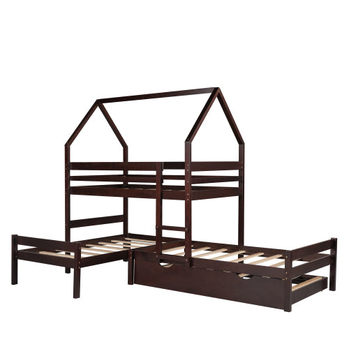 GFD Home - Twin over Twin over Twin Triple Bed Bunk bed with Trundle, Wooden House Bed with Twin size Trundle - Espresso - LP000079AAP - GreatFurnitureDeal