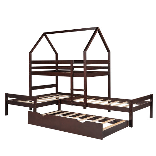 GFD Home - Twin over Twin over Twin Triple Bed Bunk bed with Trundle, Wooden House Bed with Twin size Trundle - Espresso - LP000079AAP - GreatFurnitureDeal