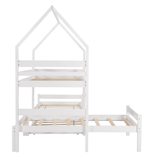 GFD Home - Twin over Twin over Twin Triple Bed Bunk bed with Trundle, Wooden House Bed with Twin size Trundle - White - LP000079AAK - GreatFurnitureDeal